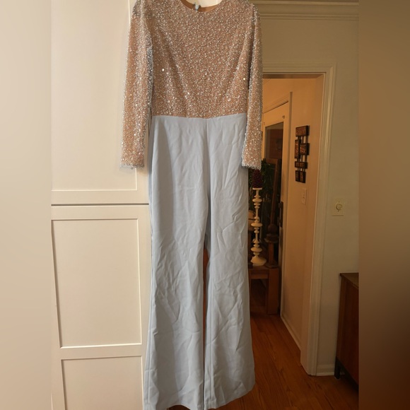 NADINE MERABI Sky Blue Embellished Jumpsuit - Picture 4 of 9